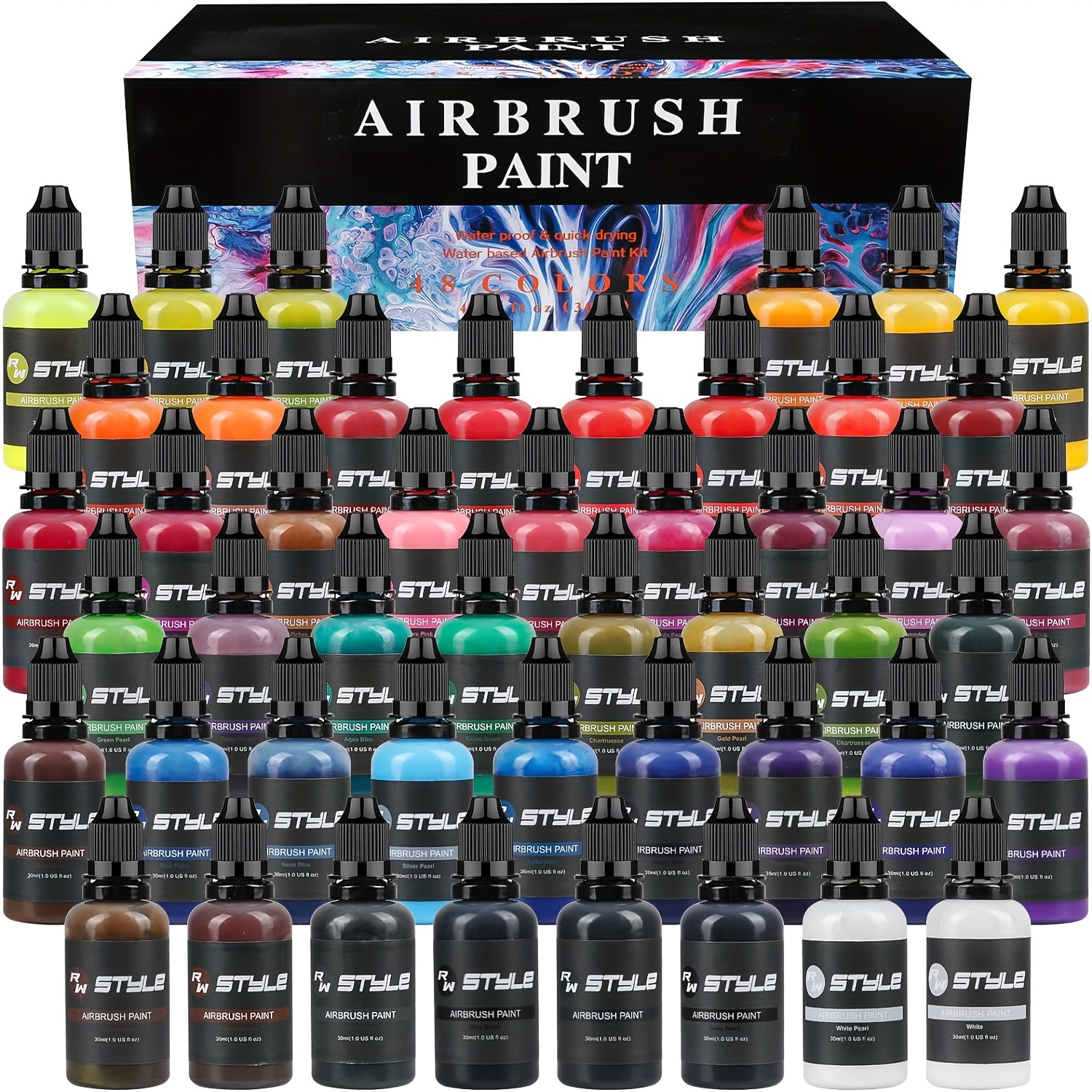 

16/24/48 Colors Airbrush Paint Set 1fl Oz, Opaque & Brilliant Colors, Leather & Shoe Acrylic Air Brush Paint Kit Ready To Spray Water Based For Artists Beginners Hobbyist