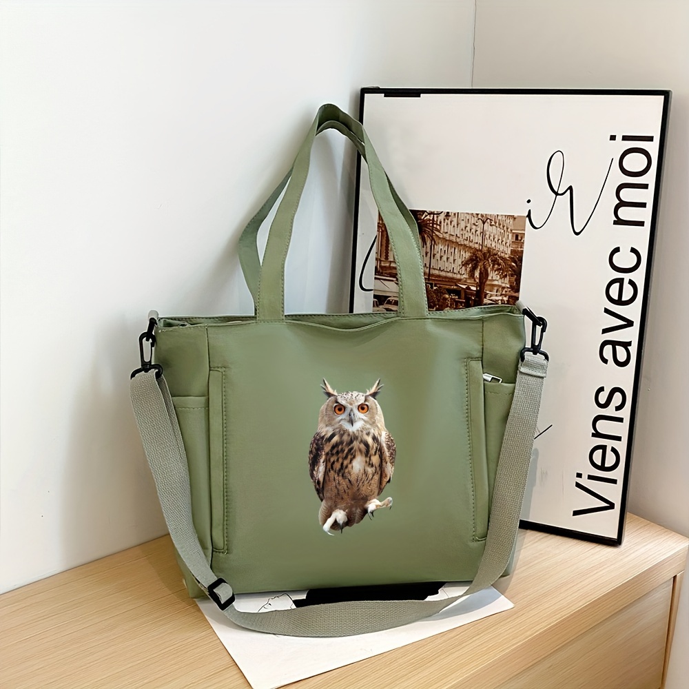 

Owl Print Tote Bag: Fall - Black, Large Capacity, Zip Closure, Non-washable, Polyester , Fixed Shoulder Strap, Suitable For Work, School, Or Commuting