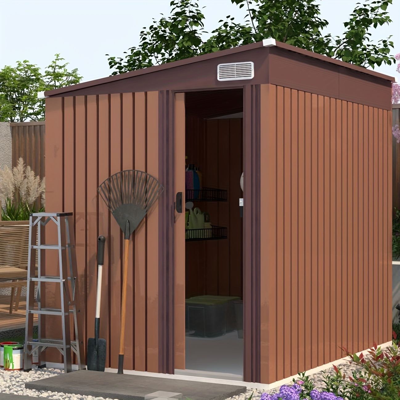 

6.4'x4.6' Outdoor Storage Shed, Waterproof Metal Garden Shed With Lockable Door, Storage Shed For Bike, Garbage Can, Lawnmower, Tool