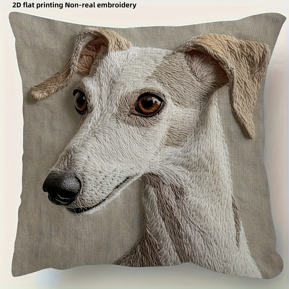 TEMU 2d Flat - Soft Short Plush Pillowcase - 2d Flat Printing With Non-real Embroidery Featuring An Italian Greyhound Design, Made Of Polyester With