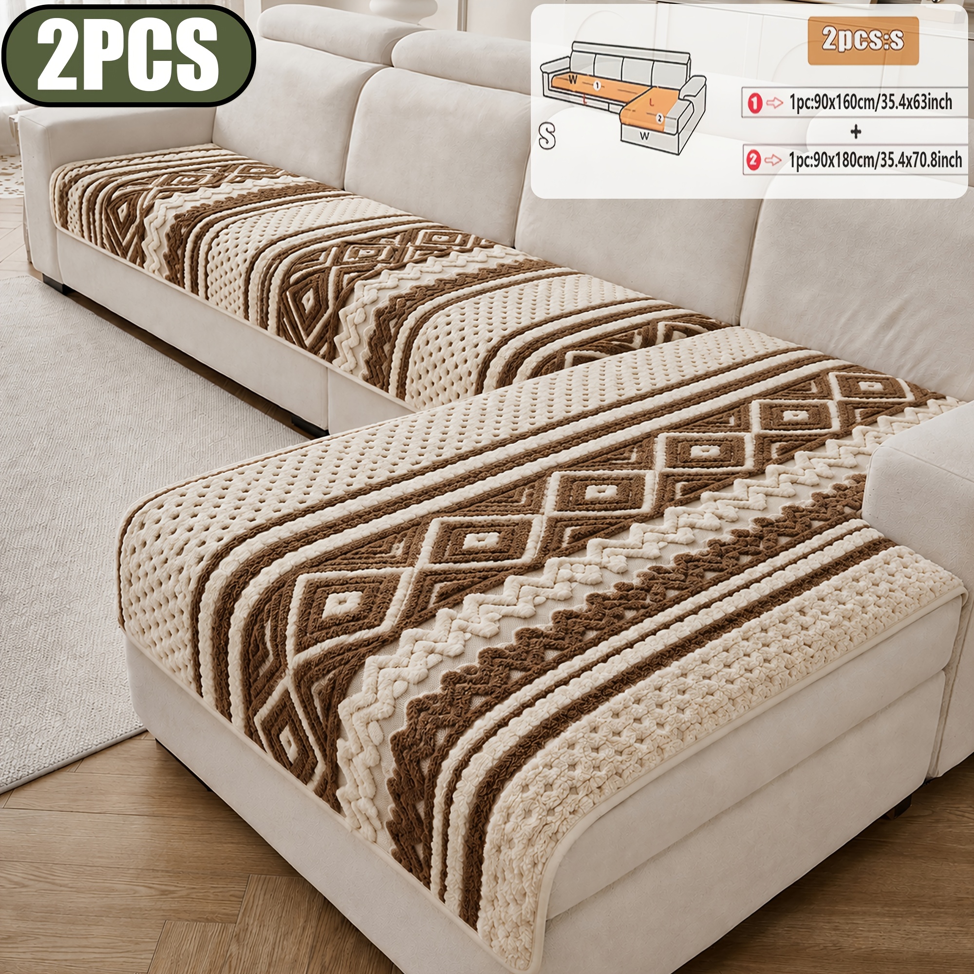 TEMU 2pcs Yorienne Bohemian Quilted Sofa Cover Suitable For L-shaped Sofas, Thickened Polyester Velvet Jacquard Slipcover With Cushion, Pet-friendly
