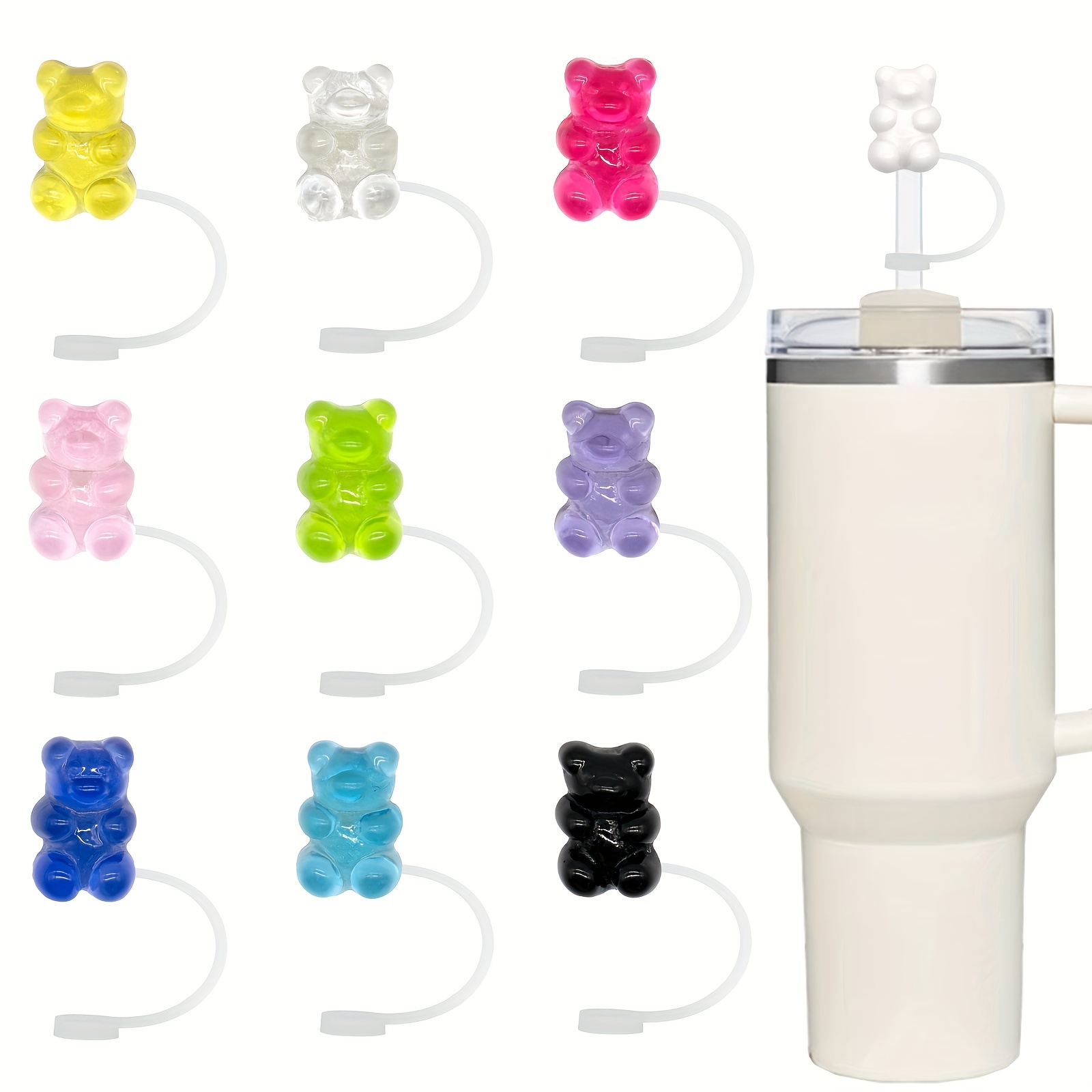 

10pcs Cute Kawaii Bear Silicone Straw Tips - Reusable & Dustproof Covers For Stanley Cups, Parties, Birthdays &