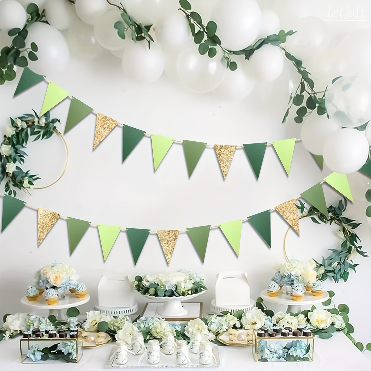 

1pc, Golden Green Triangle Banner Decoration, Greenery Party Supplies Bunting Signs For Boys Girls Birthday, Nursery Classroom Anniversary St. Patrick's Day Decoration Graduation Flags