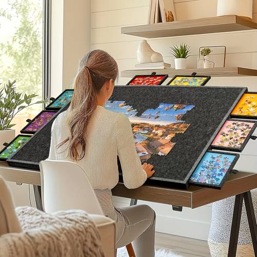 can store 1000pcs 1500pcs of puzzles with 6 colored drawers felt puzzle board puzzle board with 2 in 1 bracket cover lightweight felt puzzle suitable for adult portable puzzle table drawer color random