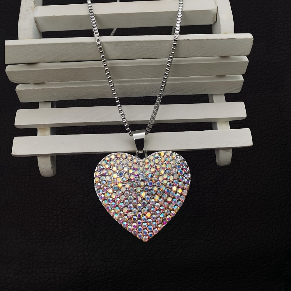 mens sparkling rhinestone heart shape pendant long chain necklace gift for men details 3
