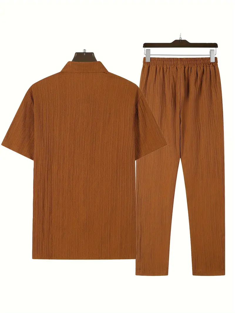 mens casual striped short sleeve sweatsuit set with button shirt collar and elastic waist pants woven polyester spandex blend two piece set with belt detail for summer details 38