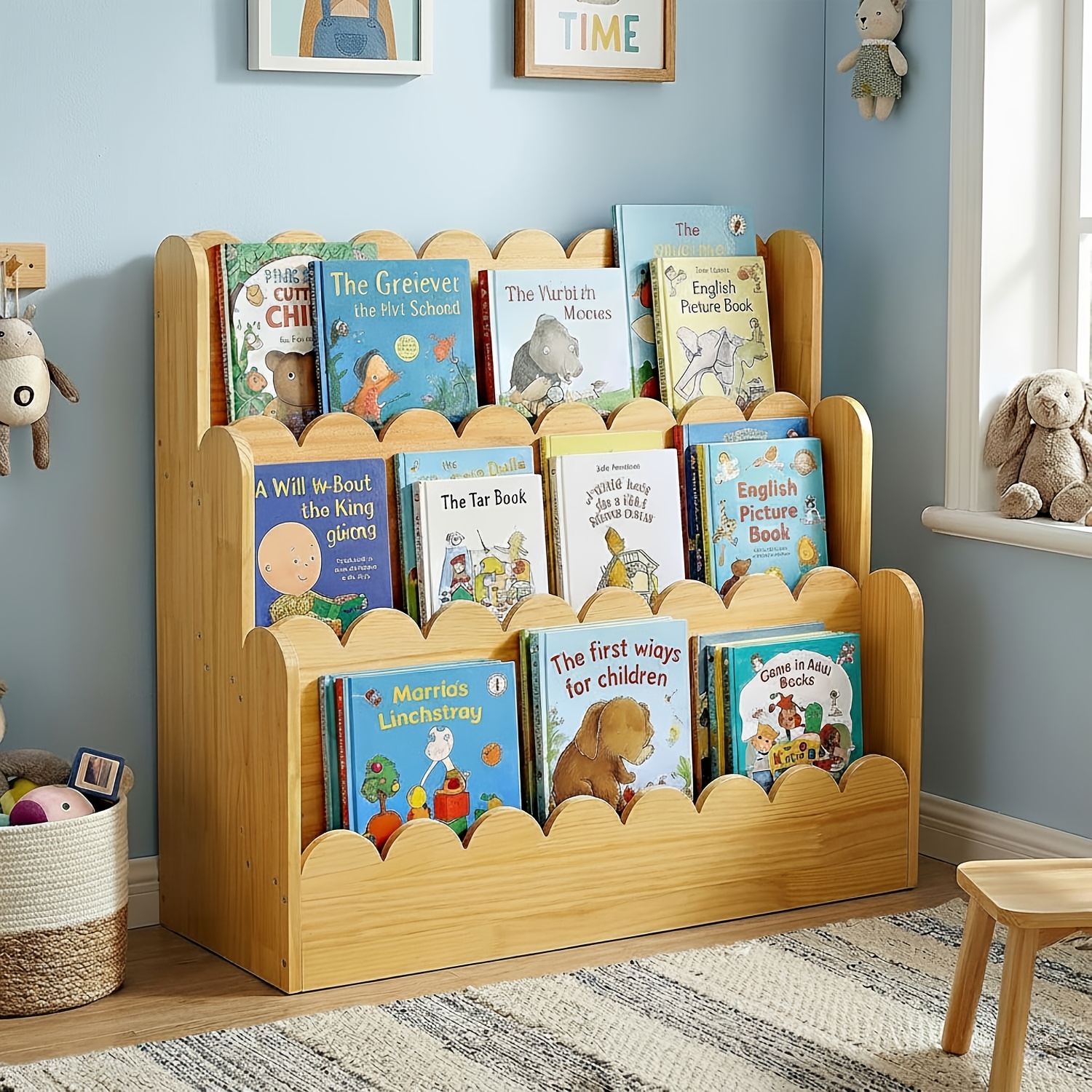 TEMU Vertical 3-tier Scalloped Bookcase, Curved Wooden Shelf Organizer For Displaying Books And Decorative Items In Living Room, Natural Finish,