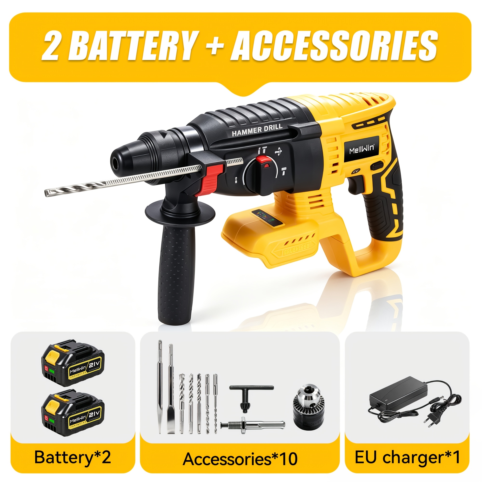 Image of Brushless Electric Hammer Drill Set, 4-speed Impact Rotary Drill, 26mm With Drill Bit, Suitable For Drilling Concrete, Steel, Brick, And Wood Home Improvement Industrial Scenes