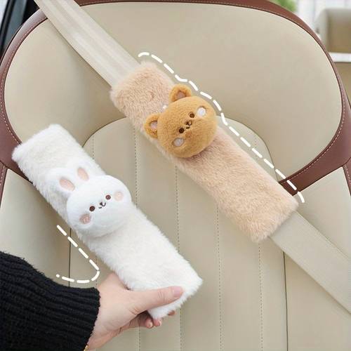 2pcs cute plush bear rabbit car seat belt covers soft faux fur shoulder pads for comfortable driving interior accessories