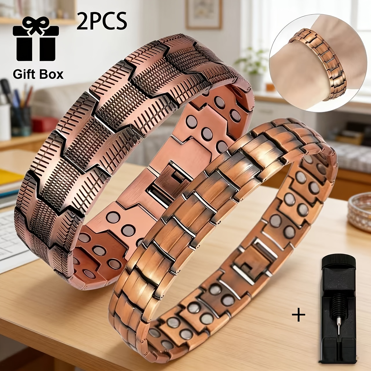 TEMU 2pcs Men's Copper Magnetic Bracelet Set With 3 Of Magnetic Chains And Disassembly Tools, Durable Gift