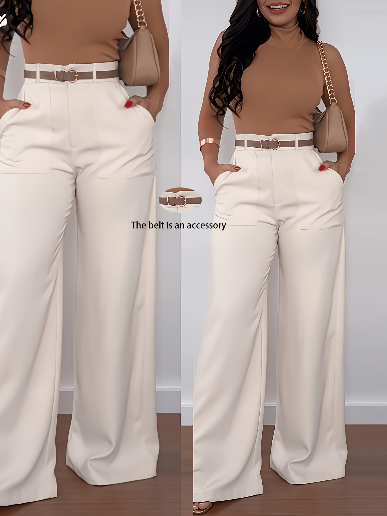womens long pants solid color high waisted wide leg casual elegant trousers without belt  