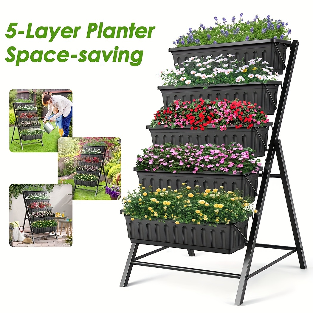 

5-tier Raised Garden Bed Planter Box, 4 Ft Vertical Garden, For Patio Balcony Flower Herb Freestanding Garden Planter, Artificial Plants