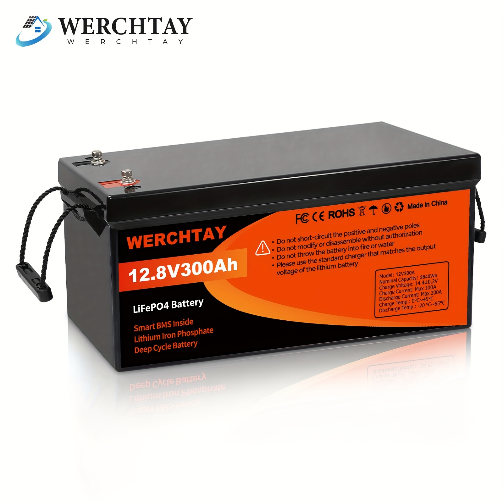E-shop 12.8V 300AH Lifepo4 Akku Lithium Eisen Phosphat Batterie mit eingebautem BMS Deep Cycle und Tieftemperaturschutz, unterstützt das Laden durch