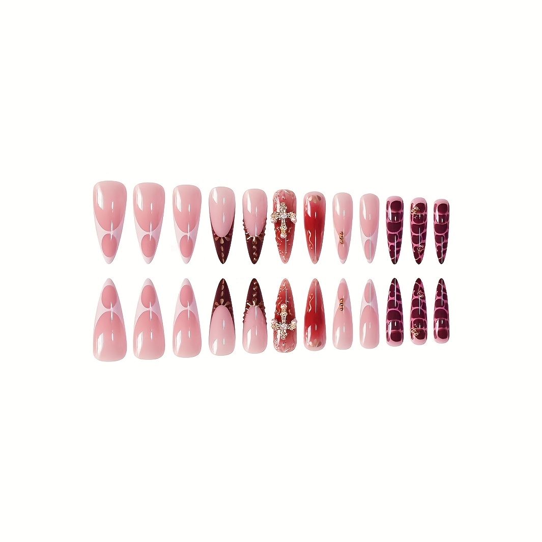 TEMU 24pcs Long Almond-shaped Press-on Fake Nails With Gorgeous Golden Cross, , And Stylish Patterns. Suitable For And. The Box Includes A Nail File