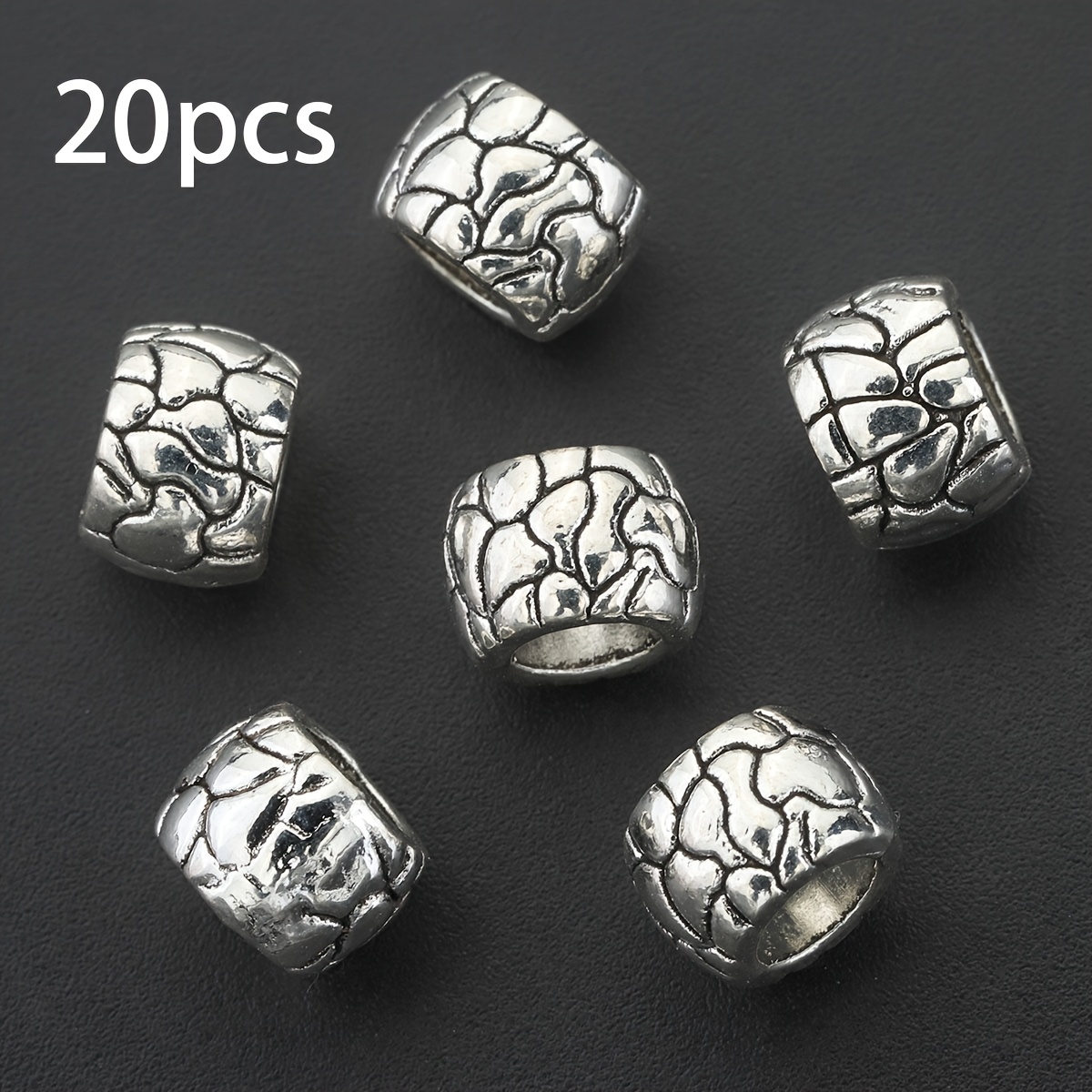 TEMU 20pcs Of Stone-pattern Large Hole Spacer Beads, Vintage Alloy With An Aged Carved Design, Straight Hole Loose Spacer Beads, Round Hollow Through
