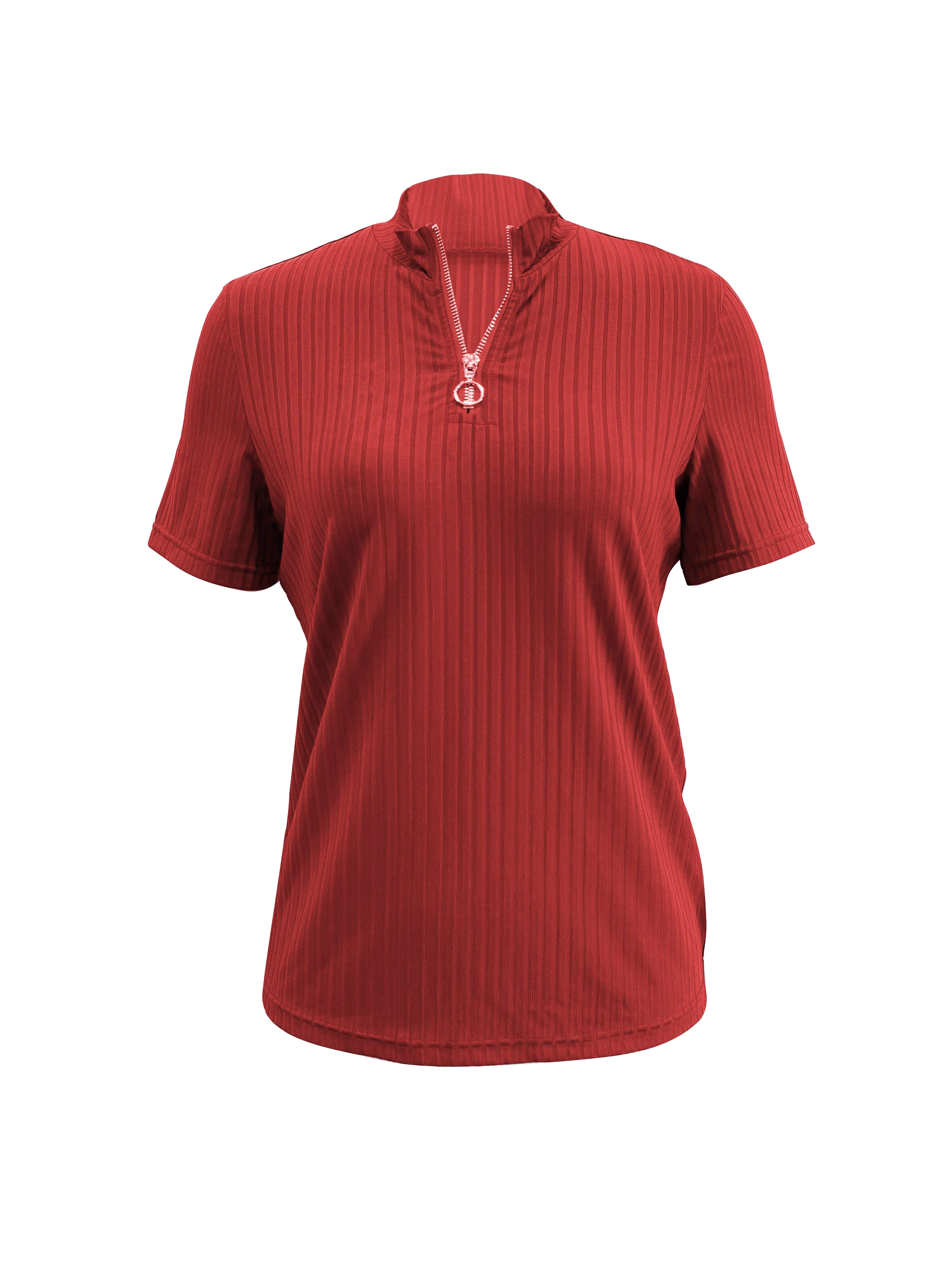Women's Solid Red V-Neck Zip-Up Short Sleeve T-Shirt - Middle Eastern-Inspired Elegance Collection, Machine Washable Spring/Summer Casual Top, Everyday Comfort Wear, Easycare Fabric, Comfortable Fit Shirt