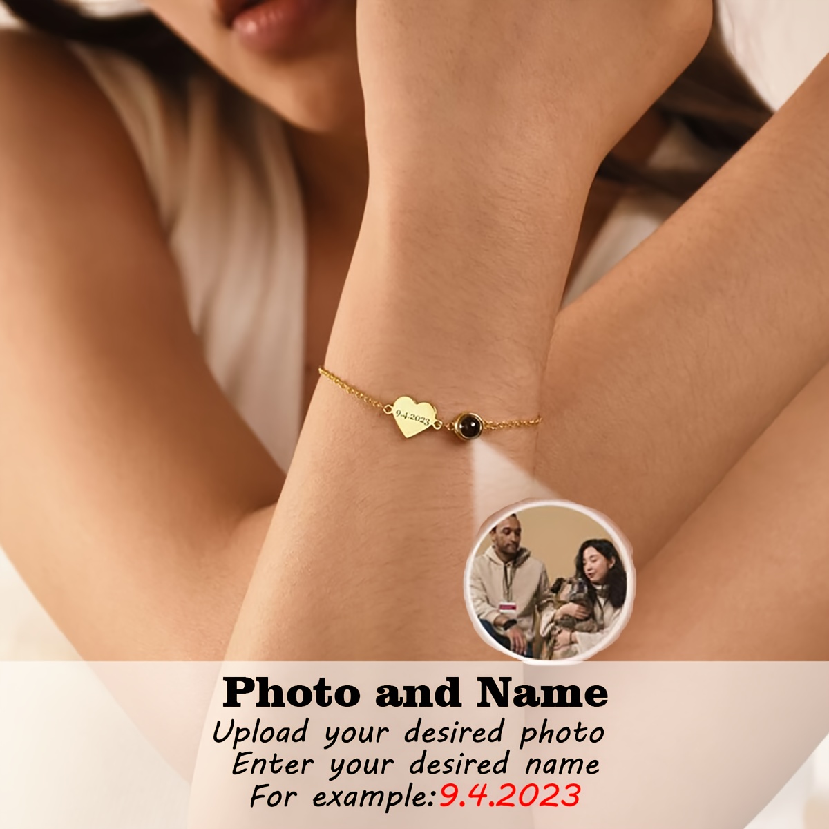 TEMU Customizable Photo Projection Memorial Bracelet Featuring An 18k Gold-plated Heart Pendant, Made From Waterproof 304l Stainless Steel That