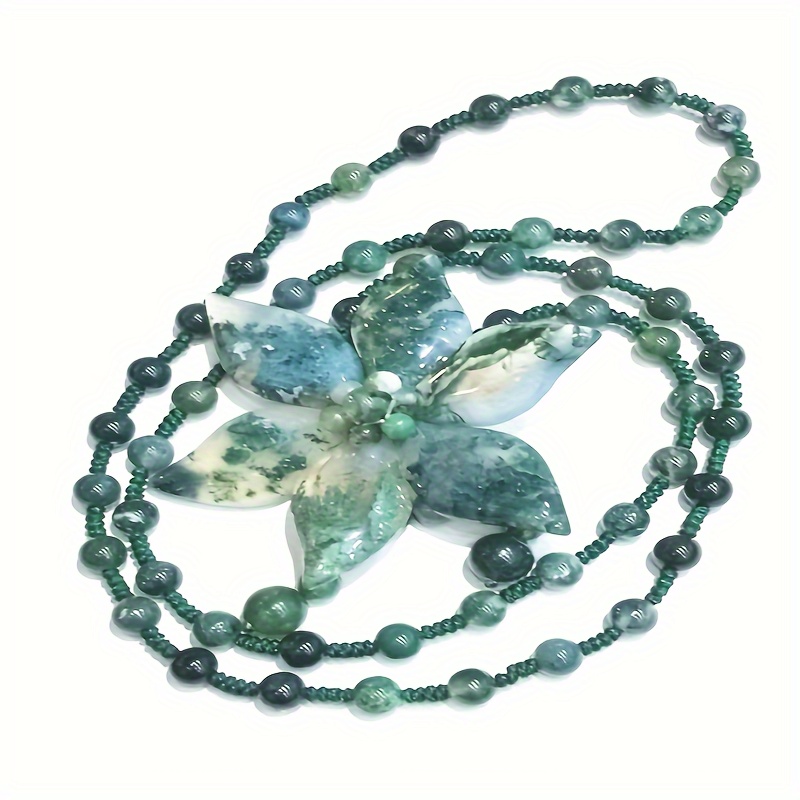 TEMU Chaîne pour pull en agate mousse aqua, collier de Fête des Mères polyvalent et élégant, cadeau unisexe pour couple