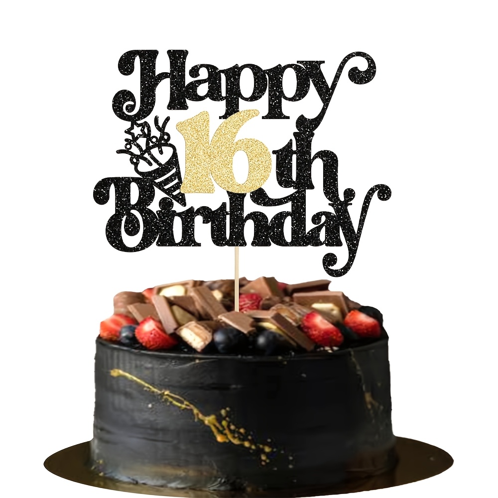 Image of 1pc Happy 16th Birthday Cake Topper Glitter Happy Birthday Cake Pick Cheers To 16 Years For 16th Anniversary Wedding Party Cupcake Decorations Supplies Black Golden