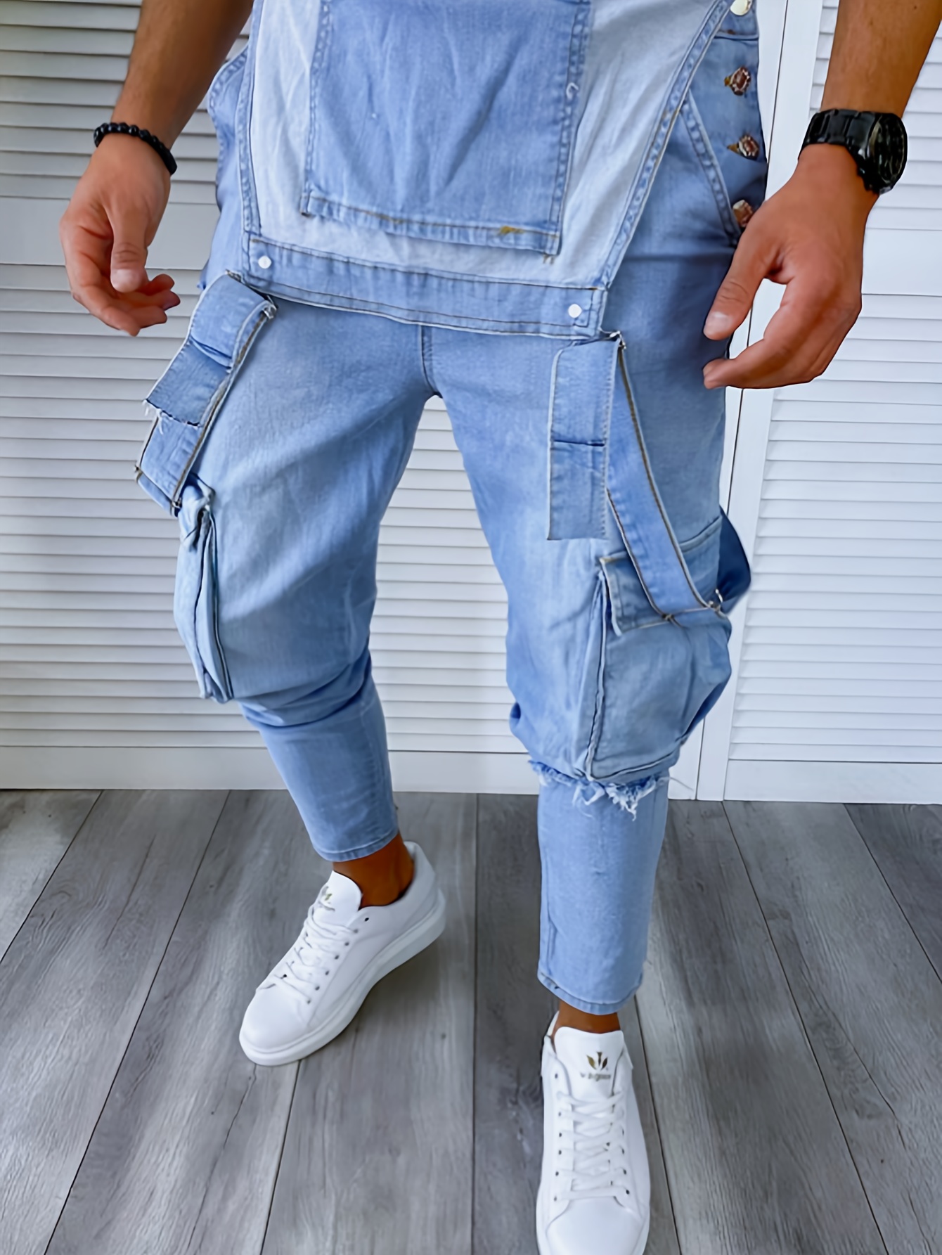 mens skinny fit stretchy denim jumpsuit light blue wash Temu