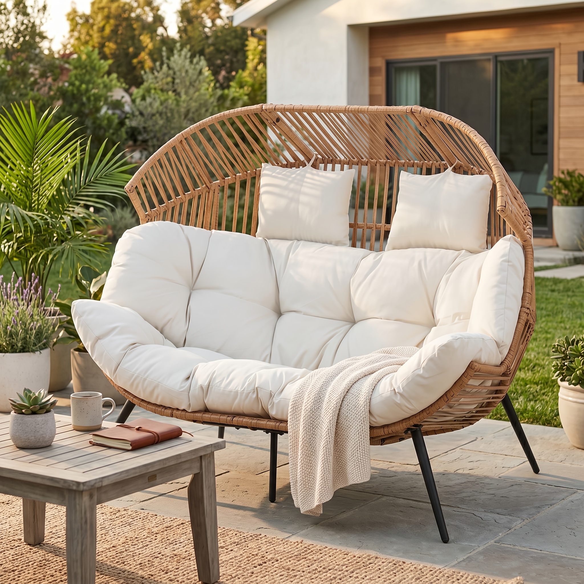 TEMU Oversized 2 Person Outdoor Egg Chair - Outdoor Use Only, Large Patio Rocker With Thick Cushion, Heavy Duty Pe Rattan Wicker For Porch, Lawn,