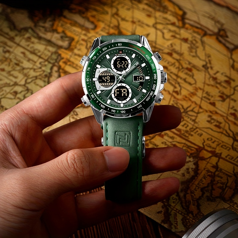 mens luxury sports quartz watch waterproof genuine leather strap   with date chronograph functions case green accents luxury   tachymeter   genuine leather band valentines day 3