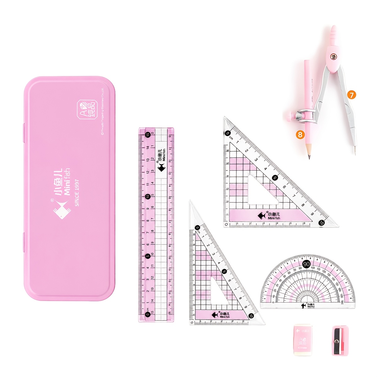 TEMU Ensemble de pour étudiants, kit de 8 pièces avec mathématique en métal, rapporteur, règle de 15 cm, équerres triangulaires, crayon, gomme,
