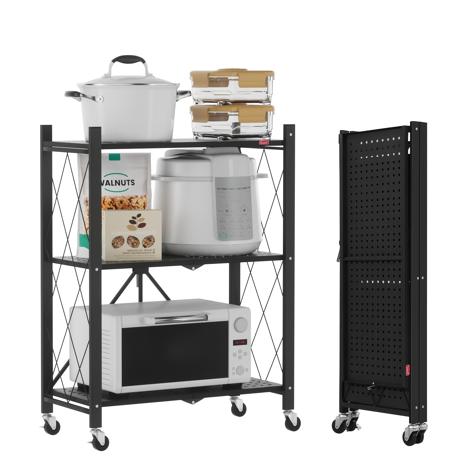 Three-tier Folding Storage Shelf, Industrial Storage Shelf, Suitable For Home, Kitchen, Garage, And Office Use, Black (dimensions: 34cm Deep X 74cm Wide X 89cm High)