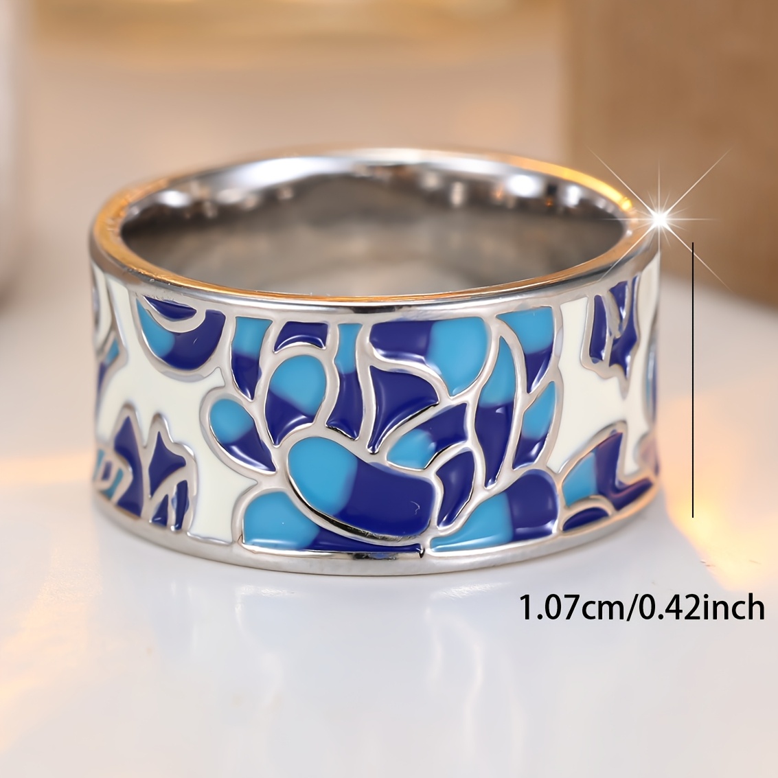 Women's Blue Floral Pattern Ring, Elegant Gift for Her