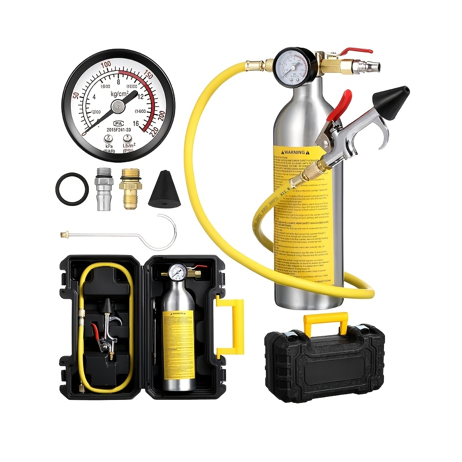 TEMU Ac Flush Kit Air Conditioner System Flush Canister Kit Ac Drain Line Cleaner Tool Air Conditioning Pipeline Cleaning Tool Set With Gauge, Air Fittings And Hose For Car Air Conditioner Pipe
