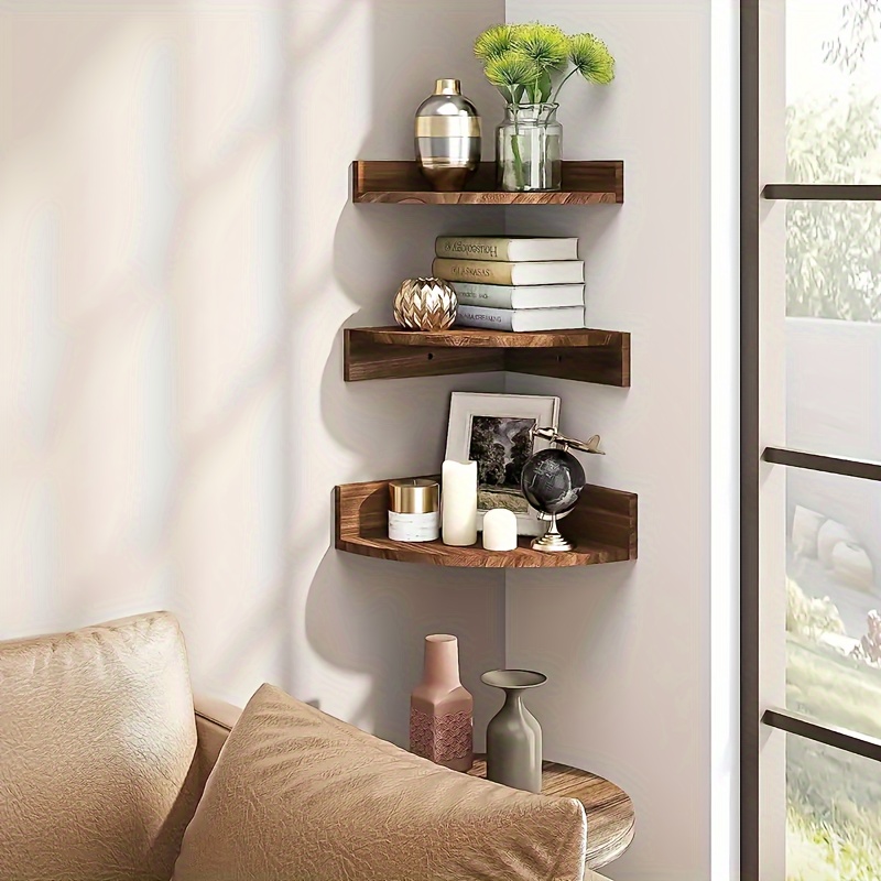 TEMU [trending] Vintage Wooden Corner Shelf - Multi-tier Wall-mounted Storage Rack For Books, Plants & Spices - Chic For Living Room, Kitchen & Home Decor