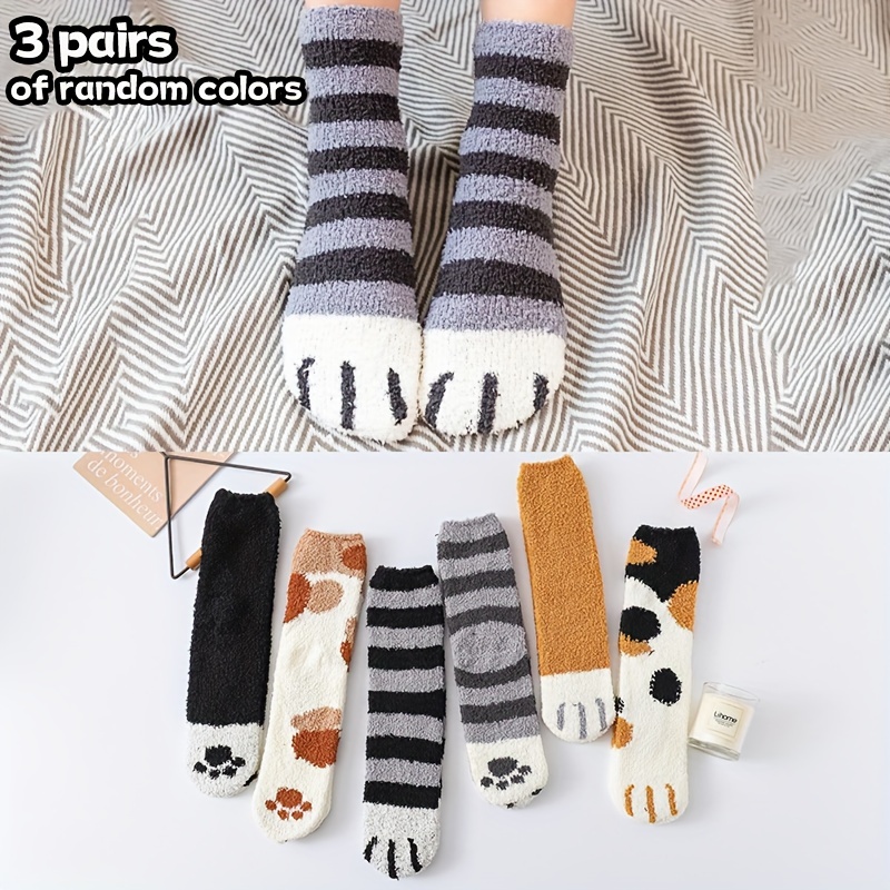 

3 Pairs Of Random Colors Coral Fleece Cat Paw Socks - Winter Warmth, Soft Texture, Striped Design, Women's Floor Socks, Hand Washable