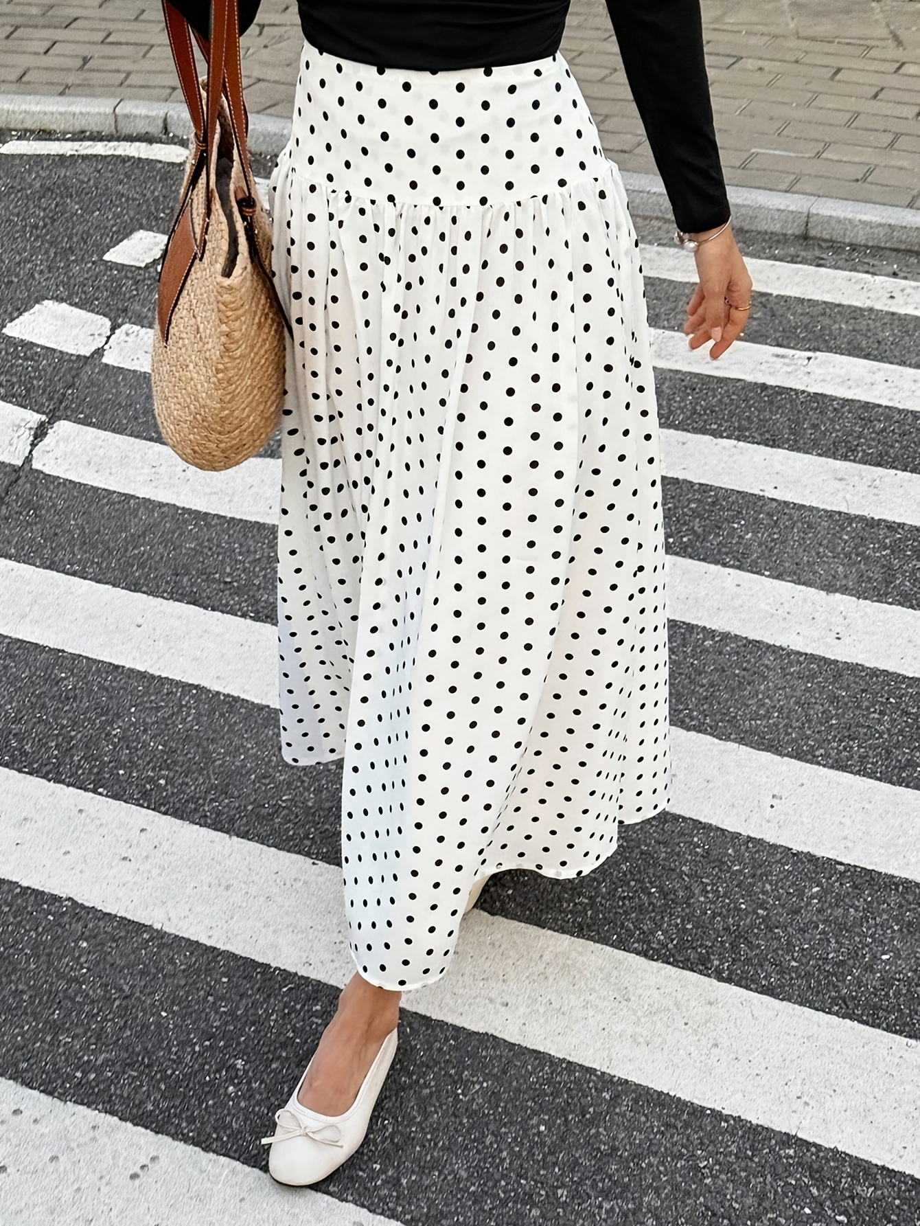 womens elegant black white polka dot high waisted long skirt