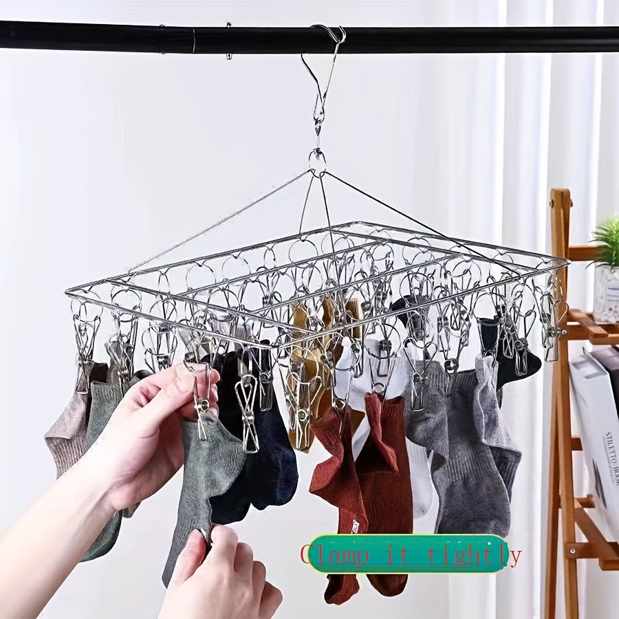 

1pc Stainless Steel Hanger With Clothespins, Extra Thick Clothes Pins Hanger For Drying Hosiery, Clothes Hanger With Windproof Hook, Multi-functional Household Hosiery Drying Rack