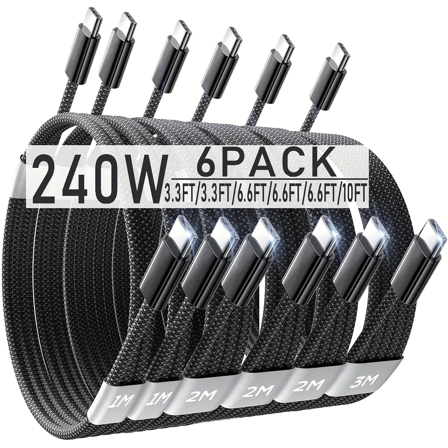 240w 6 pack usb c data cable   3     10ft type c to c fast charging cable compatible with for iphone       15 pro max charger cables c to c cable for fast charging suitable for samsung s25 s24
