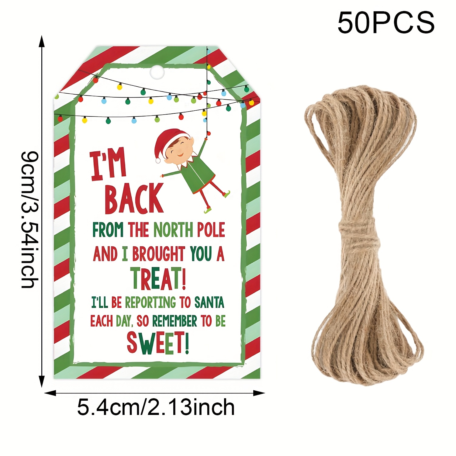 TEMU 20/50pcs Of Christmas Party Gift Tags, Featuring Elf Pole Tags (with Hemp Rope), Saying ''. The Elf With Colorful Lights Swinging, Perfect For