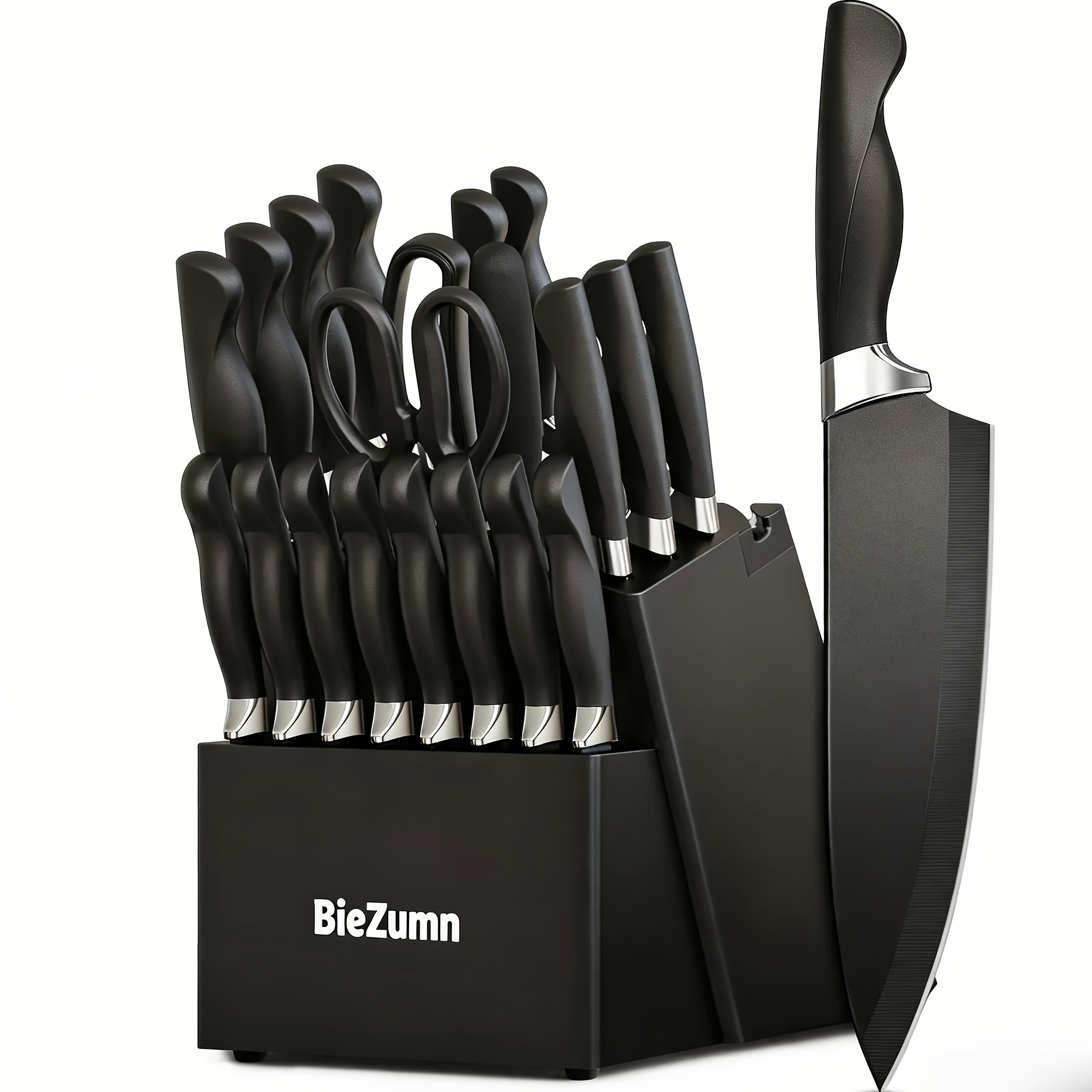 15pcs kitchen knife set black knives with built in sharpener and knife block dishwasher safe suitable for slicing dicing and shredding   cooking needs