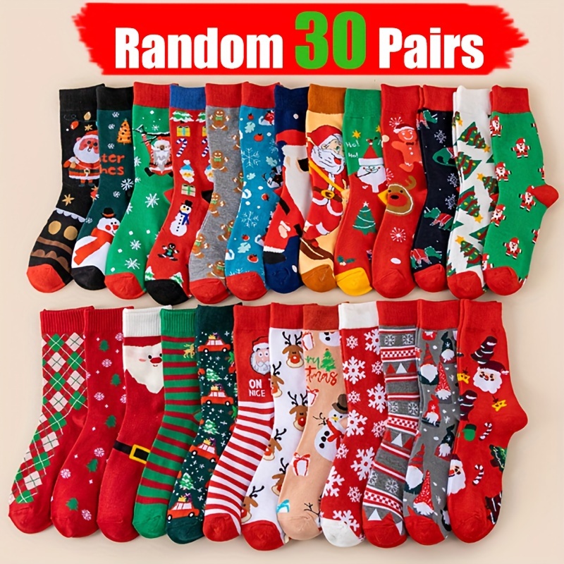Image of Random 30-pair Set Of Autumn/winter Warm And Sweat-absorbing Christmas Stockings Featuring Santa Claus, Reindeer, And Gingerbread Men. Cute Unisex Thigh-high Socks. The Perfect Christmas Gift For