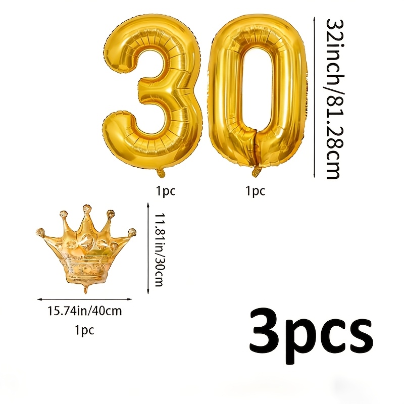 Image of 3pcs 32inch 30th Birthday Anniversary Balloon Set, Number 3 And 0 Balloons With Mini Crown Balloon, Glossy Decoration Balloons For 30th Birthday Party Anniversary Celebration Event Decor
