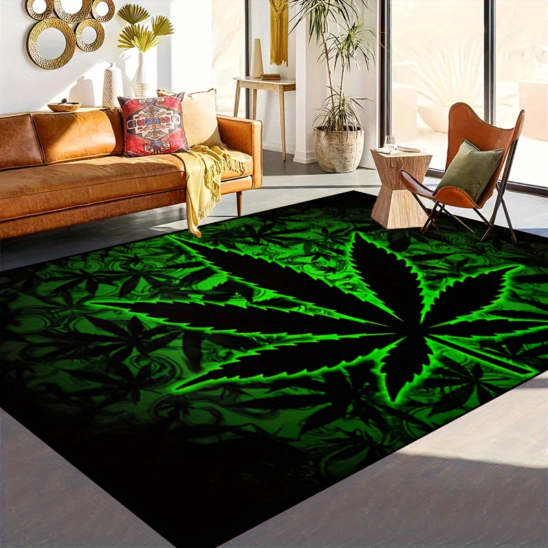 black background fluorescent marijuana leaves halloween 1000g m thick felt rug 15x23 19x31 31x47 39x59 47x63 63x78inches machine washable polyester suitable for indoor and outdoor use       living rooms bedrooms   patio garden and courtyard details 4