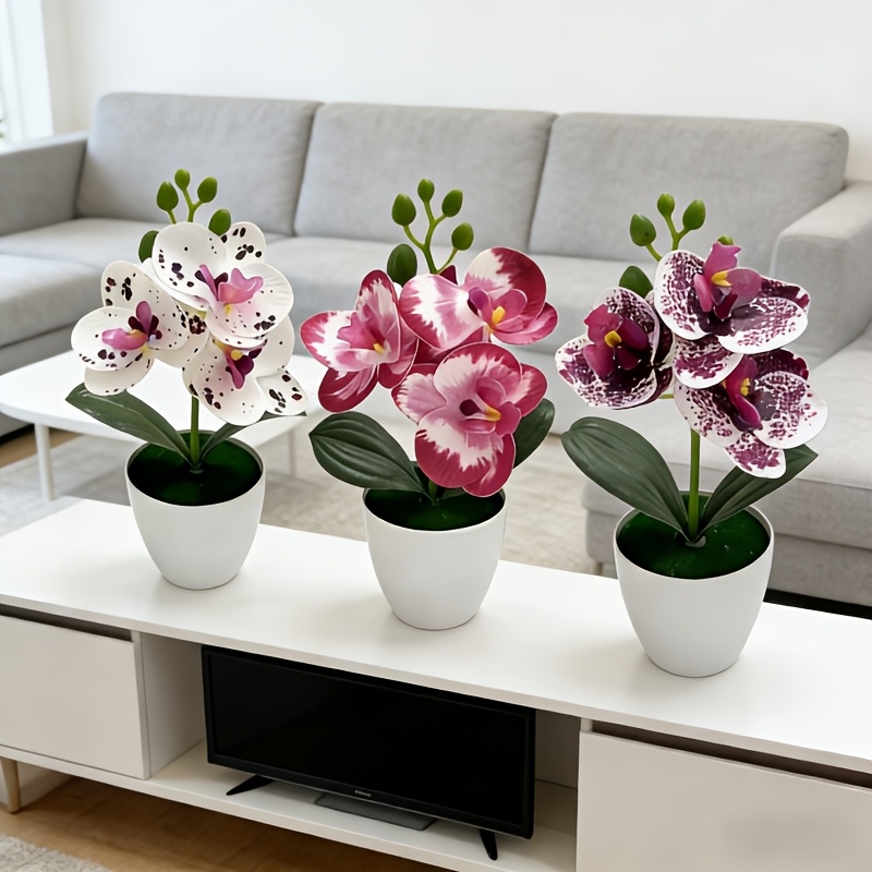 3pcs Artificial Phalaenopsis Orchid Set with White Pots - Realistic Faux Flowers in White-spotted Purple, Spotted Purple, and Rose-red-edged Colors, Lifelike Blooms - No Watering or Maintenance Required, Ideal for Desktop Centerpieces, DIY Birthday