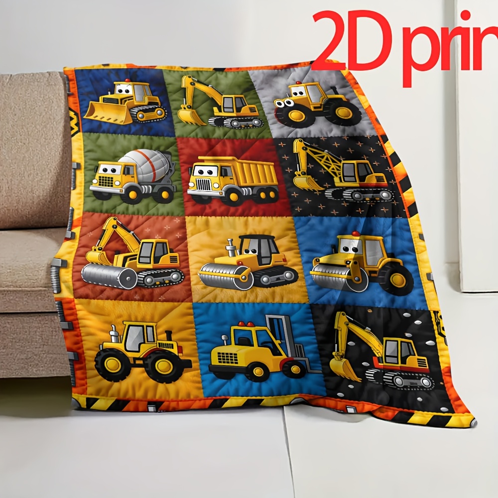 TEMU Flat/2d Flannel Engineering Vehicle Themed Throw Blanket - Warm, Soft, And Comfortable With Multi-patch Cartoon Patterns Of Excavators,