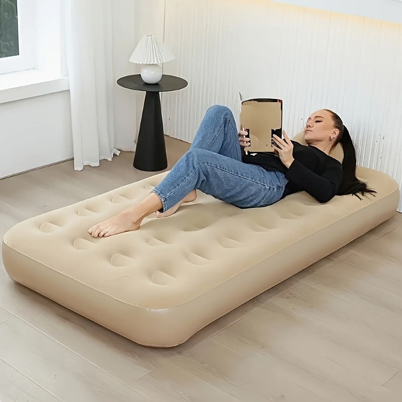 

1pc Matelas gonflable flocardé extra-large pour une personne, en khaki, en tissu PVC élégant et confortable, rectangle pour le camping, pliable pour une utilisation au sol à ou - Pompe non incluse