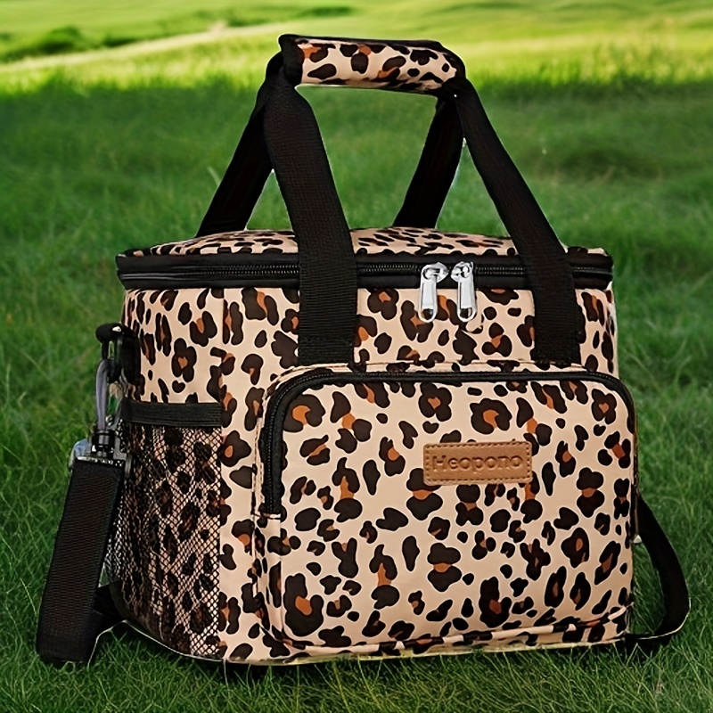 [Insulated Cooler Bag] 15-Liter Large Capacity Leopard Print Insulated Cooler Bag - Non-Food Contact, Durable Polyester with Multiple Compartments, Ideal for Outdoor Travel, Picnics, and Festivals, Picnic Essentials | Stylish Insulated Bag | Secure Zipper Closure, Cooler for Camping