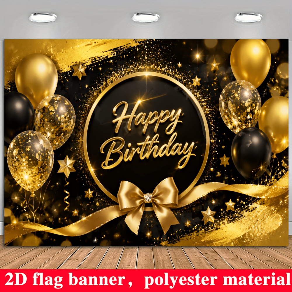 2D Flat Flag, 2D Flat - 1pc 2D Flag, Black and Golden Happy Birthday Themed Banner Background, with Golden Balloons, Stars, and Golden Foil Bow Elements, Made of Material, No Power Supply Needed for Convenient Use, Suitable for Party Decoration