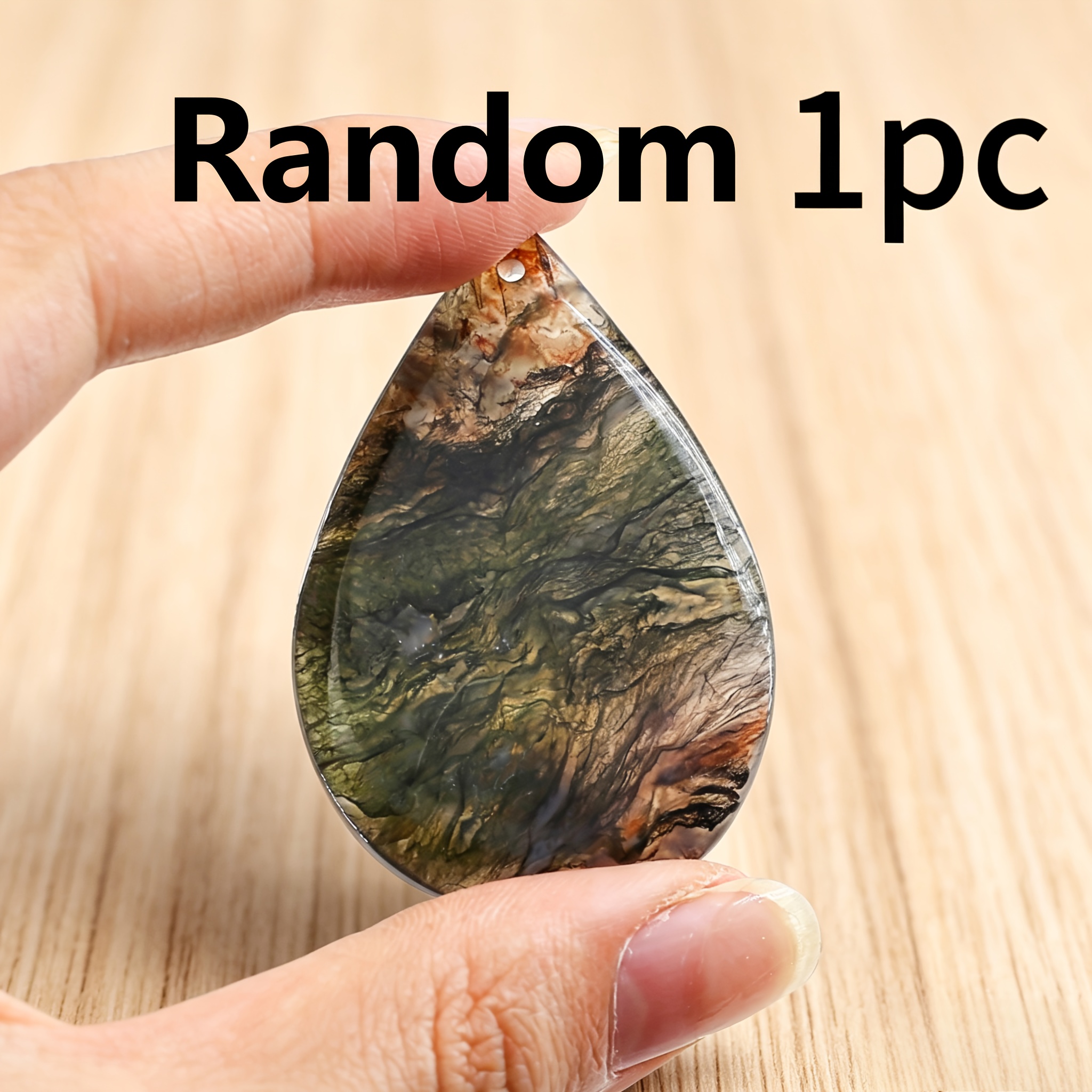 TEMU Random 1pc Natural Moss Agate Teardrop Pendant Cabochon (5cm), Loose Blank Stone, Drilled Flatback , For Making, Wire Wrapping & Resin Craft,