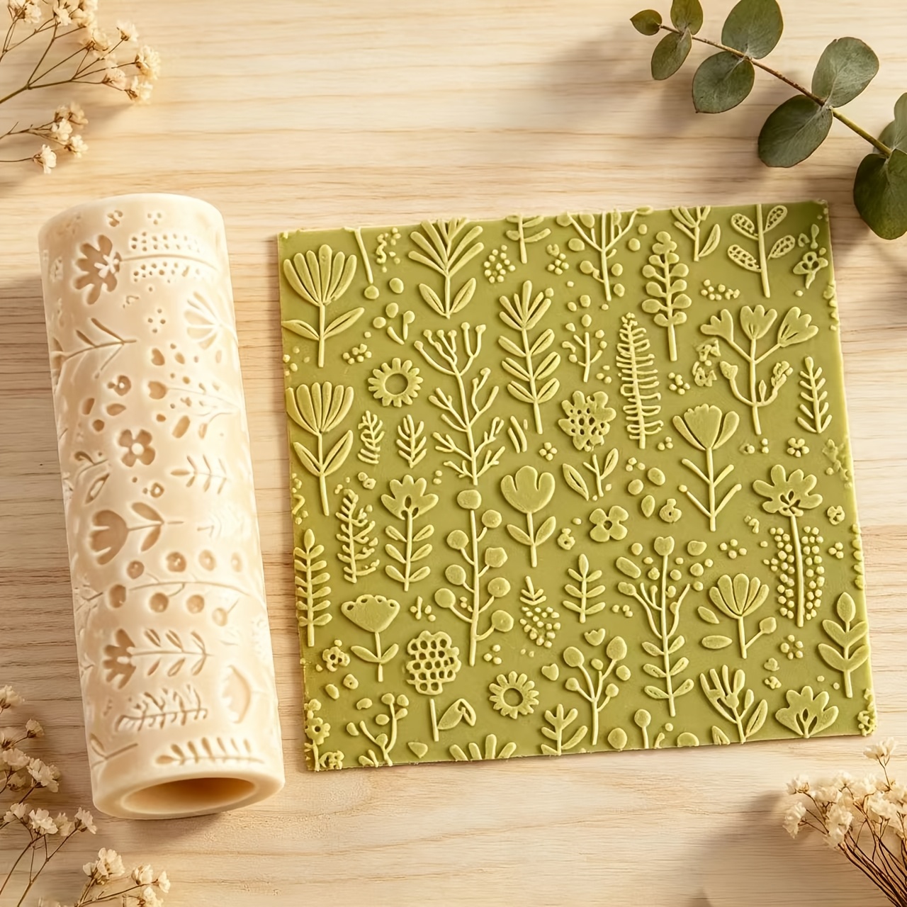 TEMU 1pc Eucalyptus Leaf Pattern Polymer Clay Embossing Roller, Garden Texture Rolling Pin For Handmade Earrings Pendant Jewelry Craft Supplies