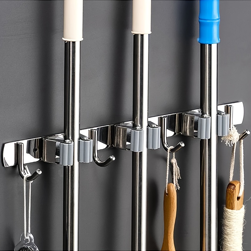 

1pc Heavy Duty Wall Mounted Broom Rack With 4 Hooks - Stainless Steel Frame For Laundry And Garage Organization