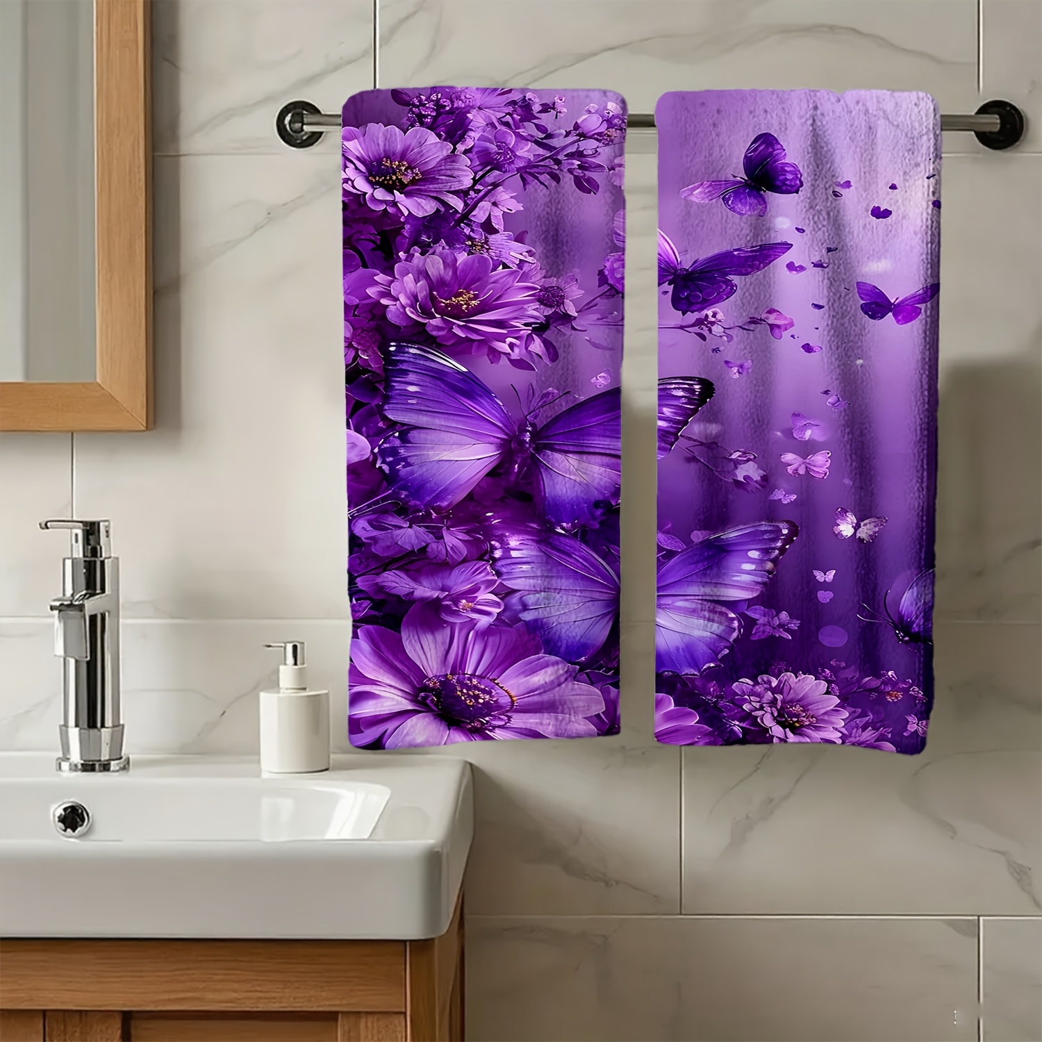 TEMU 1pc, 2pcs Cute Hand Towel With Purple And Floral Print, Made Of Soft, Comfortable, And Durable, Suitable For Bathroom And Kitchen Decor, Ideal