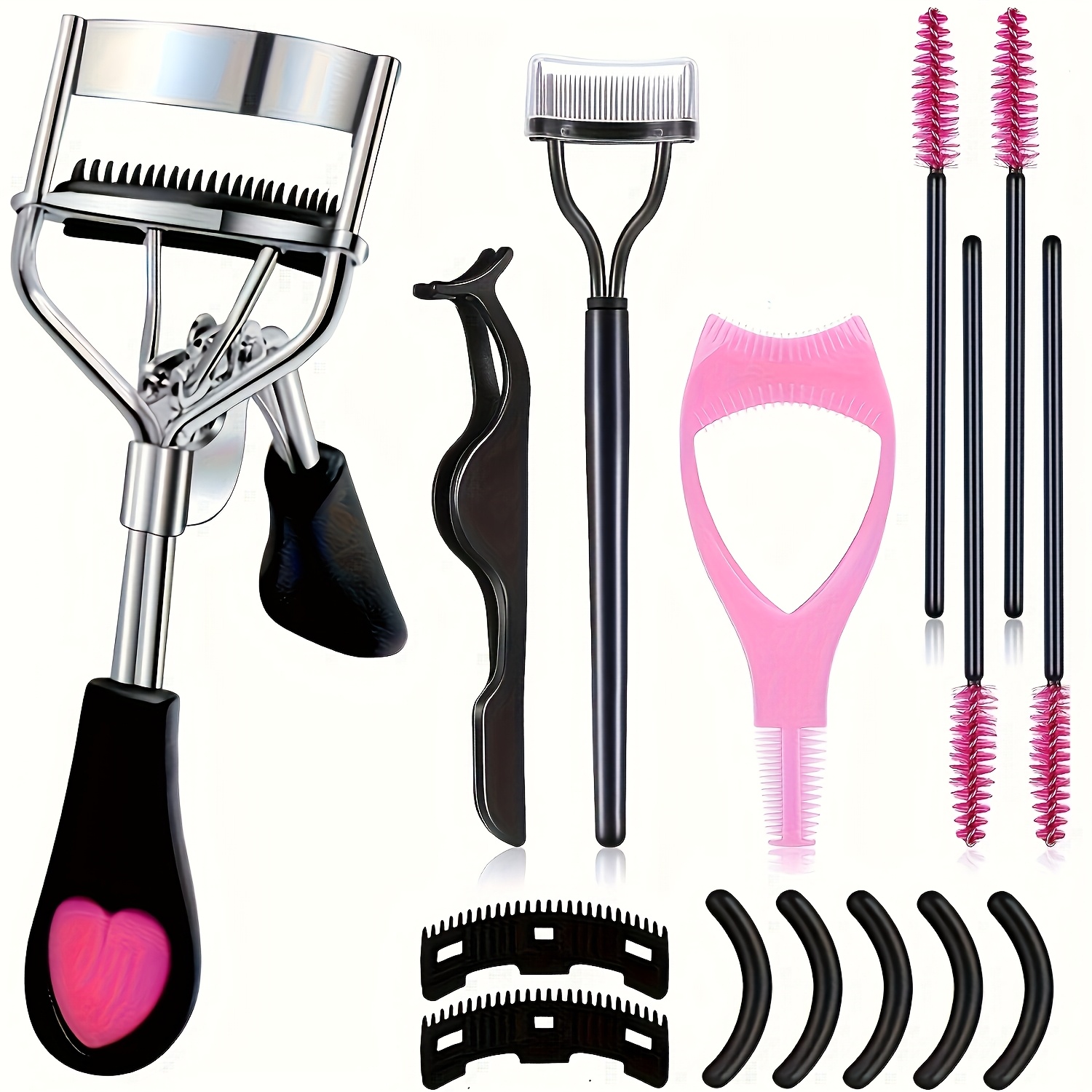 TEMU The eyelash curlers comes with eyelash extension tweezers, stainless steel separating comb, 3-in-1 brow card, 4 lash brushes, 2 eyelash